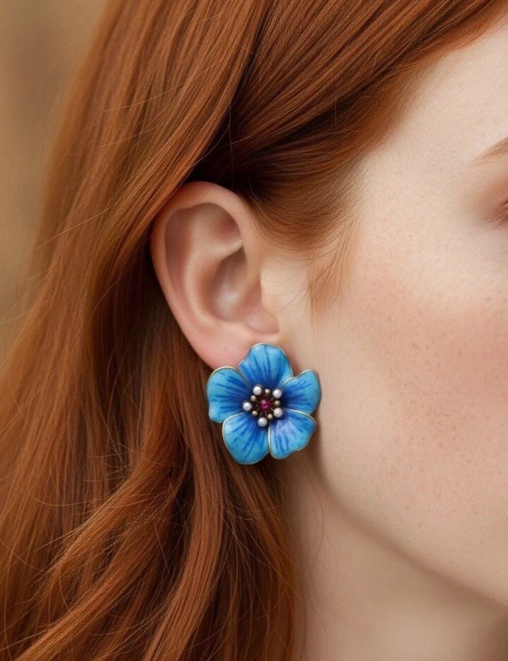 Museum Earrings Flower Pearl Blue CZ VTG Court Boho Statement Stud Gold Palace